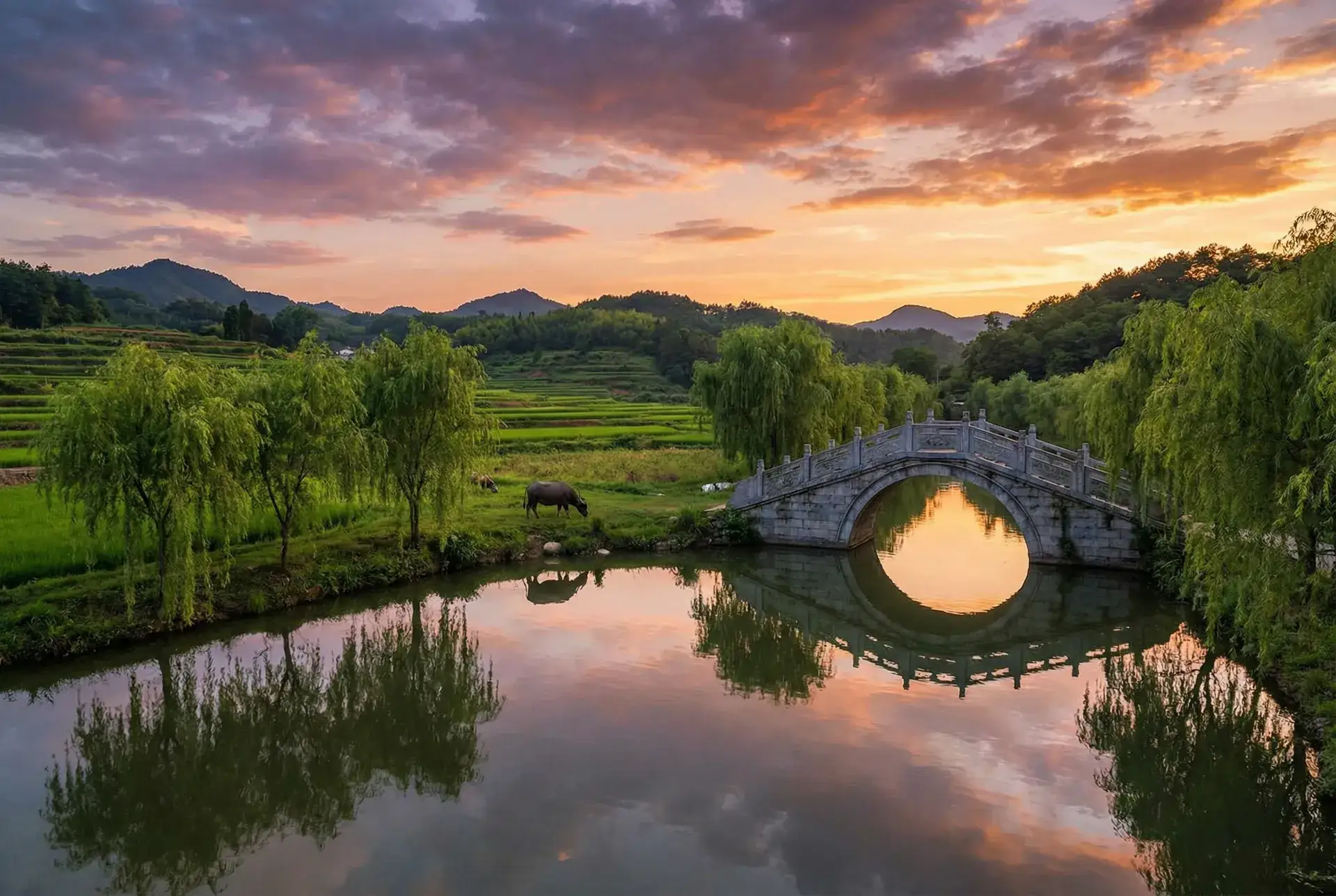 夕阳下的石拱桥与垂柳，水牛在河边吃草 - 4408私人影院 乡村美景